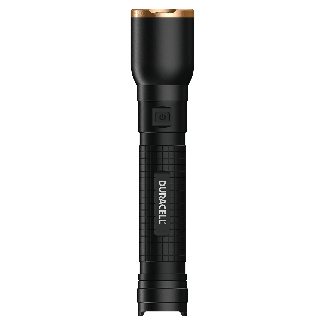 Duracell DF1500 LED Taschenlampe Seitenansicht Aluminiumgehäuse mit griffiger Struktur