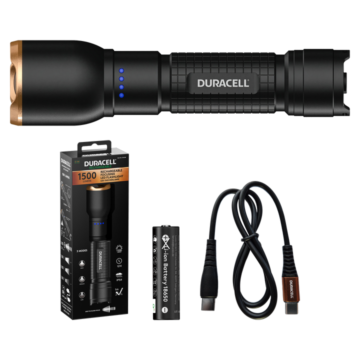 Duracell DF1500R LED Taschenlampe mit Zubehör inklusive Li-ion Akku & USB-C Kabel