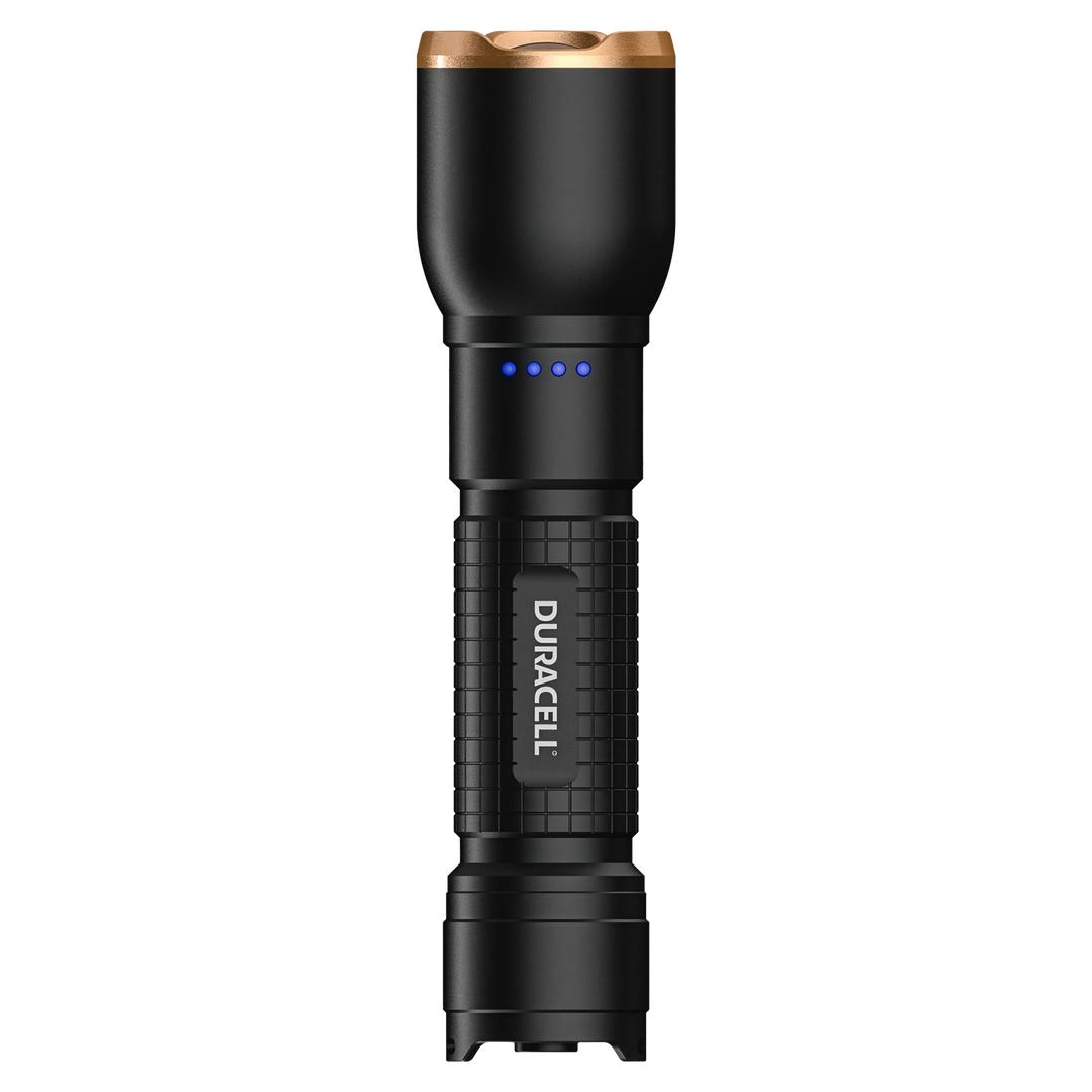 Duracell DF1500R Pro LED Taschenlampe Seitenansicht Aluminiumgehäuse mit griffiger Struktur