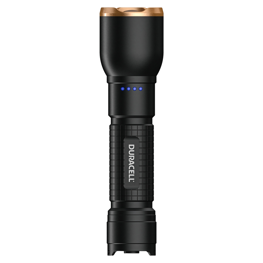 Duracell DF2500R LED Taschenlampe Seitenansicht Aluminiumgehäuse mit griffiger Struktur
