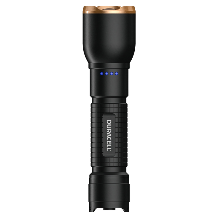 Duracell DF2500R LED Taschenlampe Seitenansicht Aluminiumgehäuse mit griffiger Struktur
