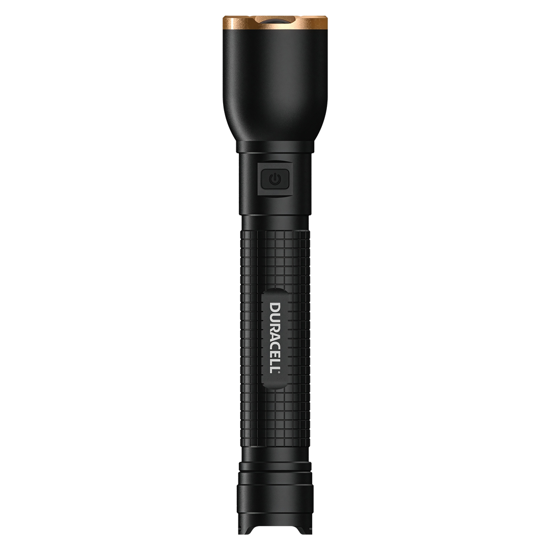 Duracell DF750 LED Taschenlampe Seitenansicht Aluminiumgehäuse mit griffiger Struktur