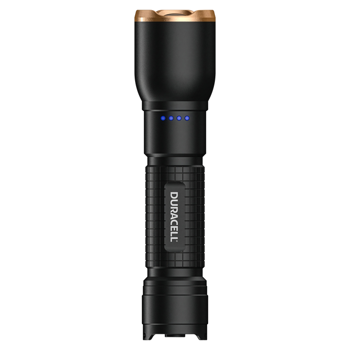Duracell DF750R LED Taschenlampe Seitenansicht Aluminiumgehäuse mit griffiger Struktur