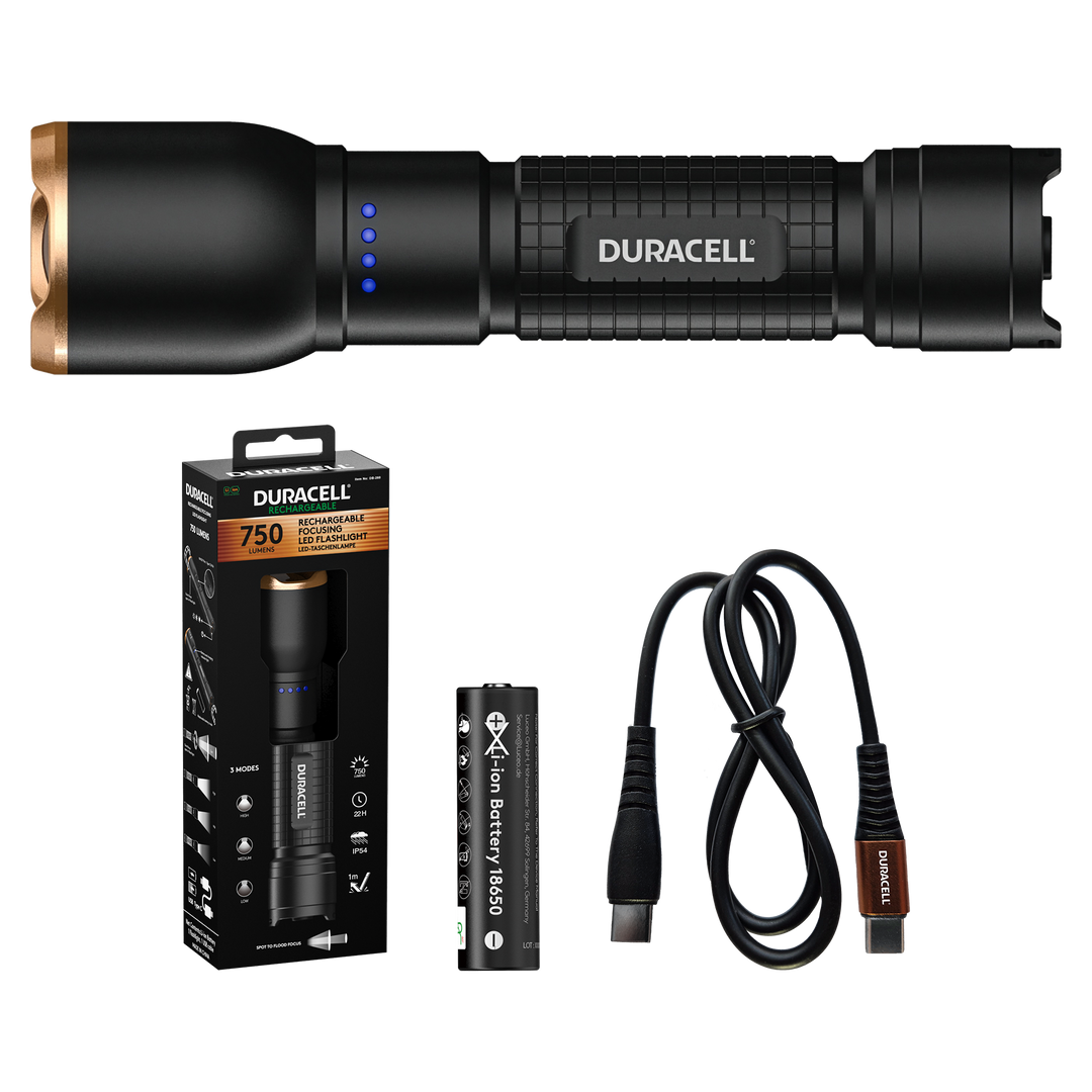 Duracell DF750R LED Taschenlampe mit Zubehör inklusive Li-ion Akku & USB-C Kabel