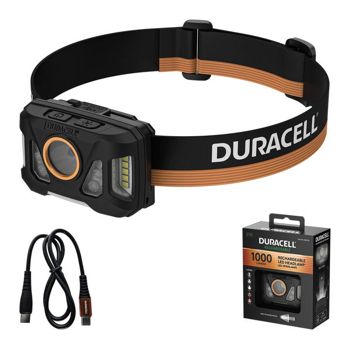 Duracell DH1000R LED Stirnlampe mit Zubehör inklusive LiPo Akku & USB-C Kabel