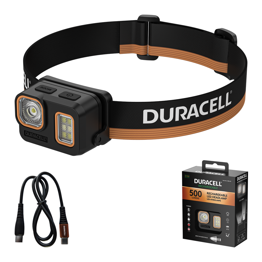Duracell DH500R LED Stirnlampe mit Zubehör inklusive LiPo Akku & USB-C Kabel