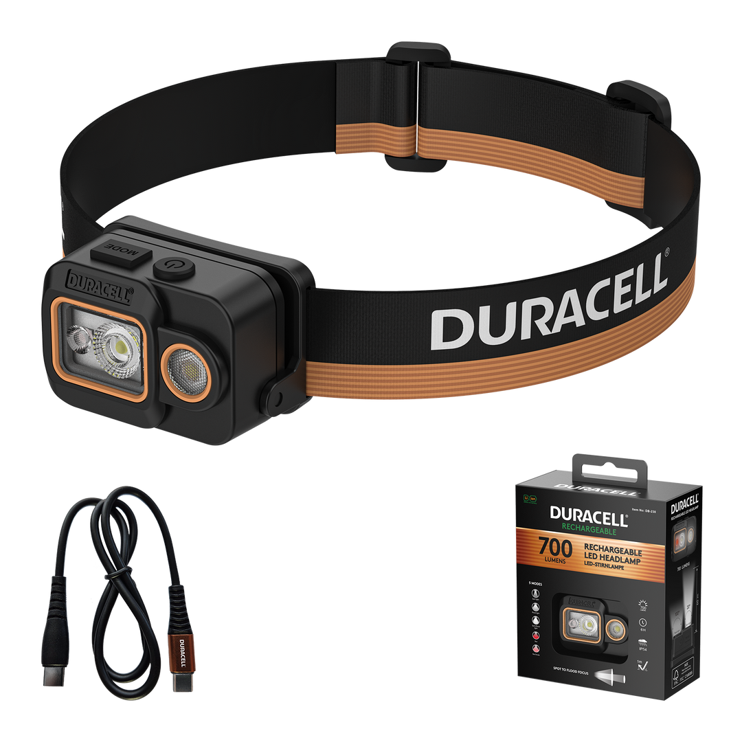 Duracell DH700R LED Stirnlampe mit Zubehör inklusive LiPo Akku & USB-C Kabel