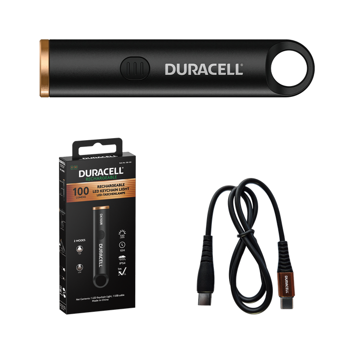 Duracell DK100R LED Schlüsselleuchte & Taschenlampe mit Zubehör inklusive LiPo Akku & USB-C Kabel